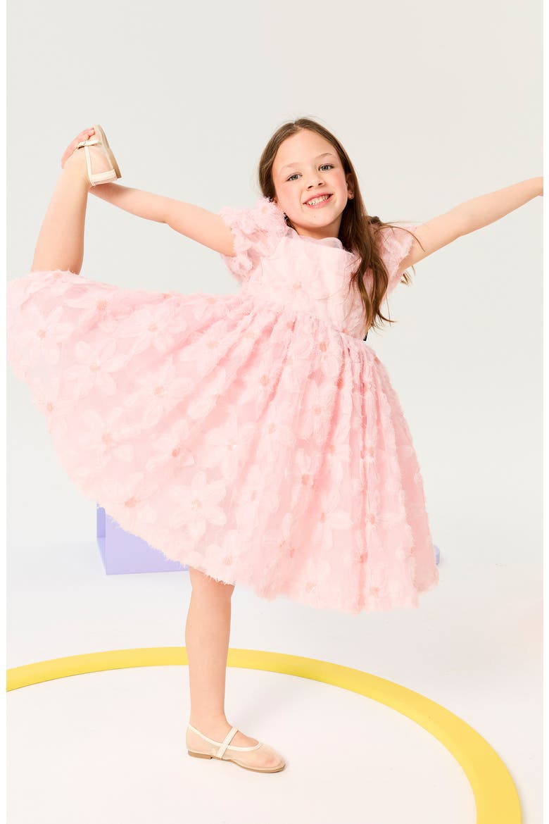 Kids' 3D Floral Puff Sleeve Tulle Party Dress, Alternate, color, SOFT PINK