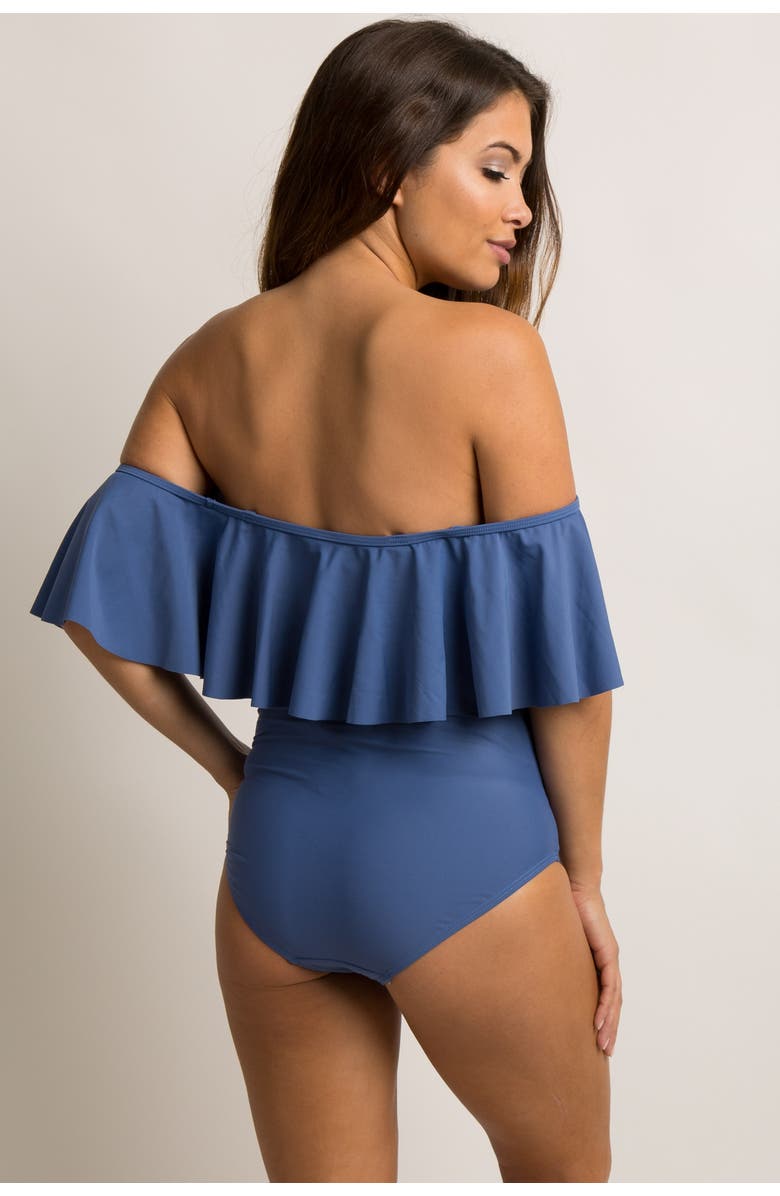 PinkBlush Ruffle Trim Ruched One-Piece Maternity Swimsuit, Alternate, color, Periwinkle