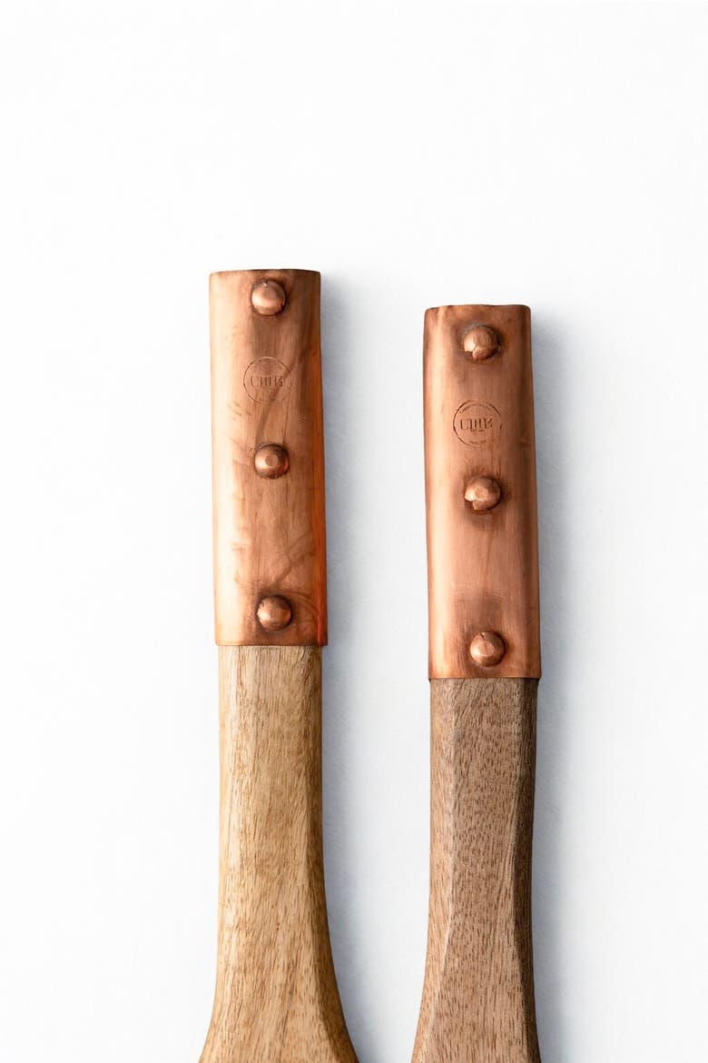 Vintage Inspired Wood Serving Utensils with Copper Strap Handles, Alternate, color, Brown