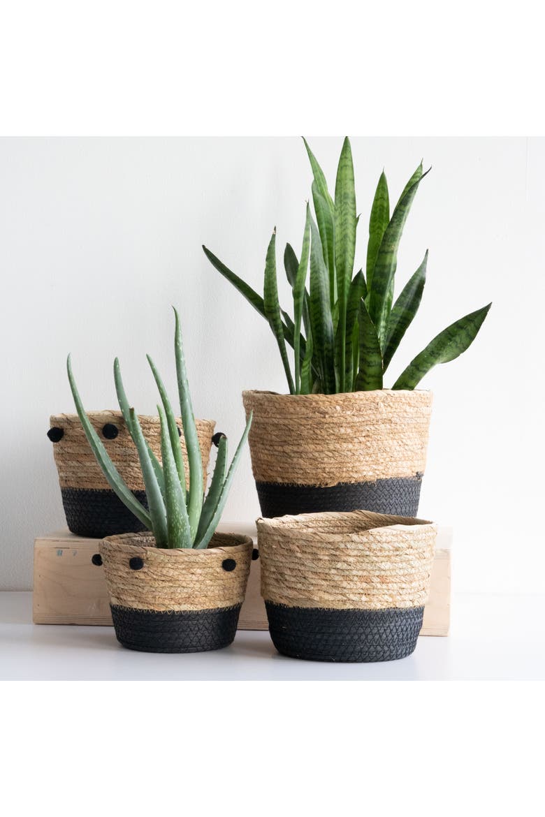Set of 2 Large Black and Natural Cattail Decorative Storage Baskets, Alternate, color, Black