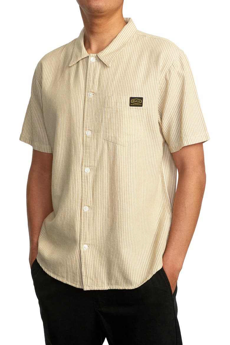 Dayshift Stripe Cotton Short Sleeve Button-Up Shirt, Alternate, color, KHAKI