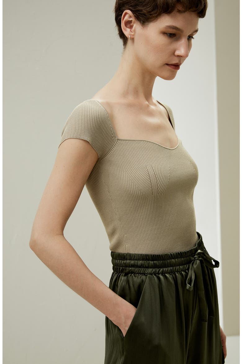 Women's Sweetheart Neck Ribbed Silk Knit Top, Alternate, color, Light Apricot