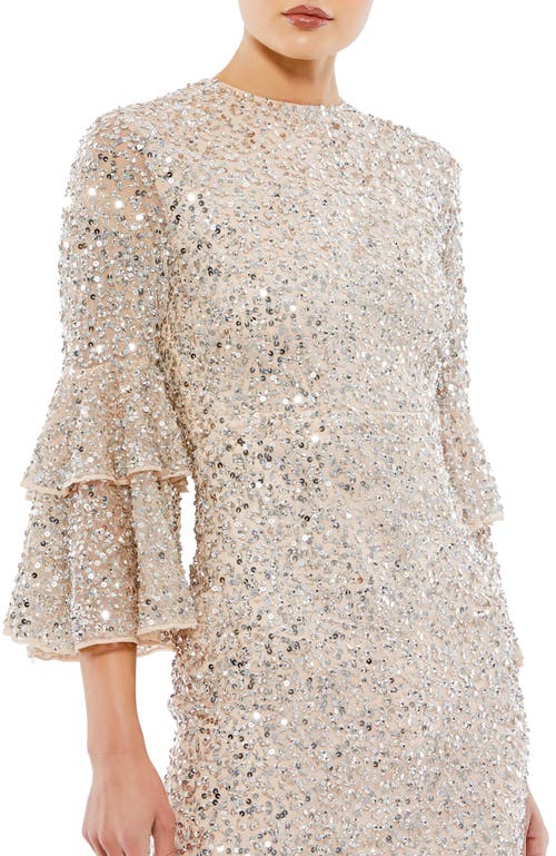 Mac Duggal Fully Sequined Ruffle Tiered 3/4 Sleeve Midi Dress In Nude