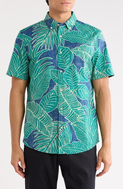Forest Foliage Short Sleeve Cotton Blend Button-Down Shirt