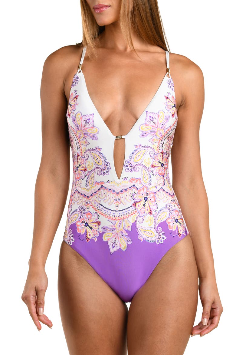 Lilac Cascade Plunge One-Piece Swimsuit, Main, color, PURPLE MULTI