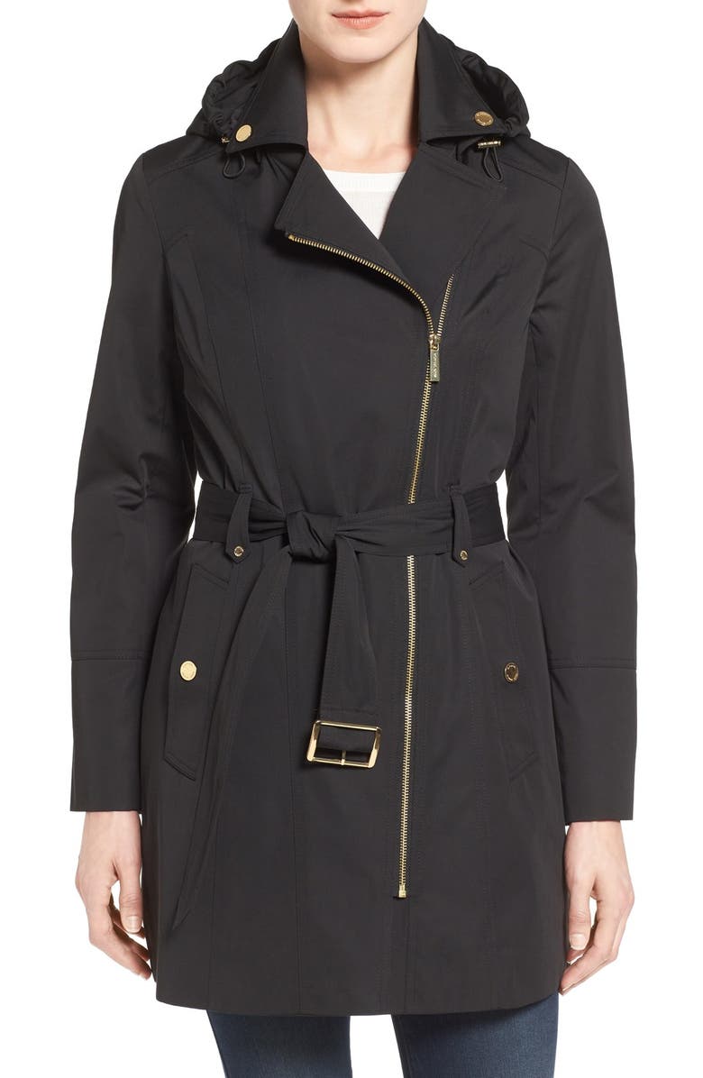 MICHAEL Michael Kors Asymmetrical Zip Front Hooded Trench Coat, Main, color, 