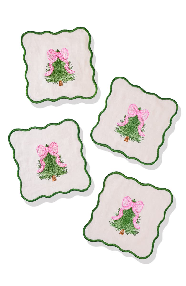 Tiramisu Set of 4 Embroidered Pink Bow Christmas Tree Linen Cocktail Napkins, Main, color, Green/ Pink