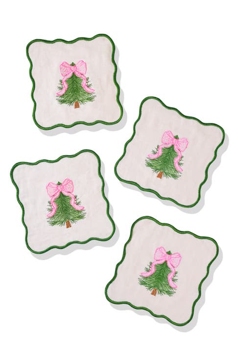 Set of 4 Embroidered Pink Bow Christmas Tree Linen Cocktail Napkins
