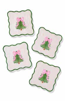 Tiramisu Set of 4 Embroidered Pink Bow Christmas Tree Linen Cocktail Napkins