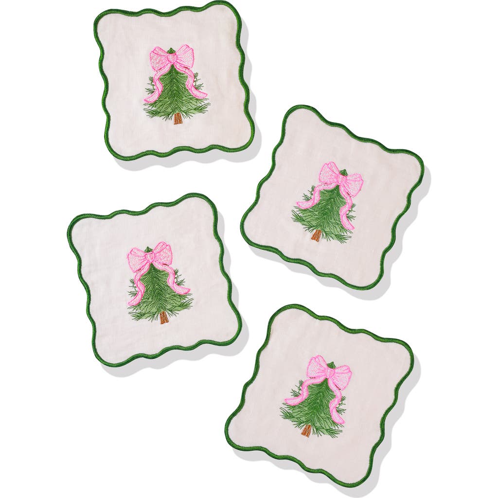 Tiramisu Set Of 4 Embroidered Pink Bow Christmas Tree Linen Cocktail Napkins In Multi
