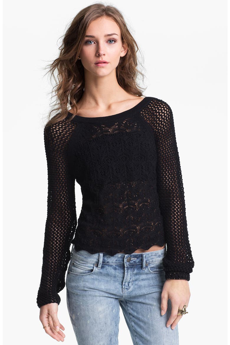 Frenchi® Mix Knit Crochet Sweater, Main, color, BLACK