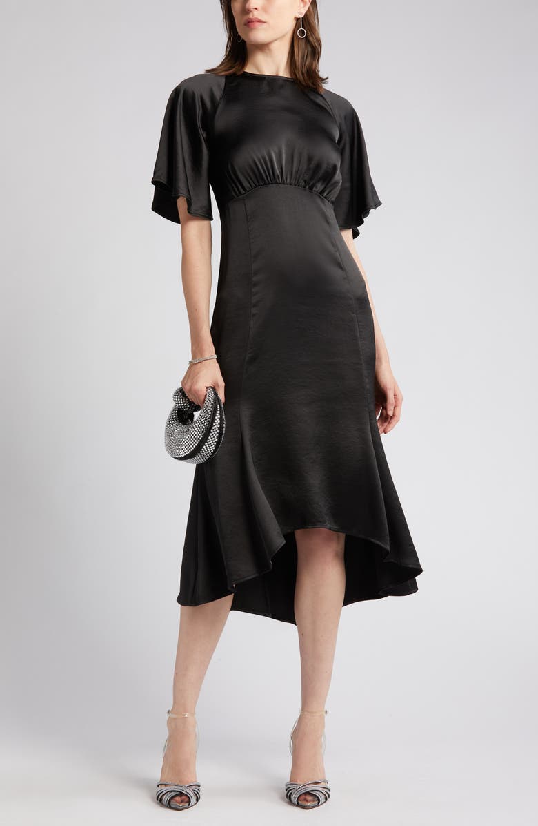 Chelsea28 Flutter Sleeve High-Low Satin Midi Dress, Main, color, 