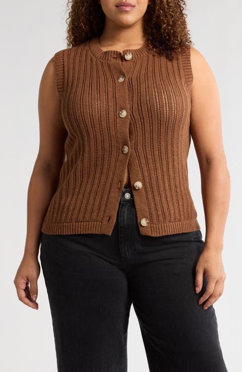 Pointelle Stitch Cotton Button-Up Sweater Vest (Plus)