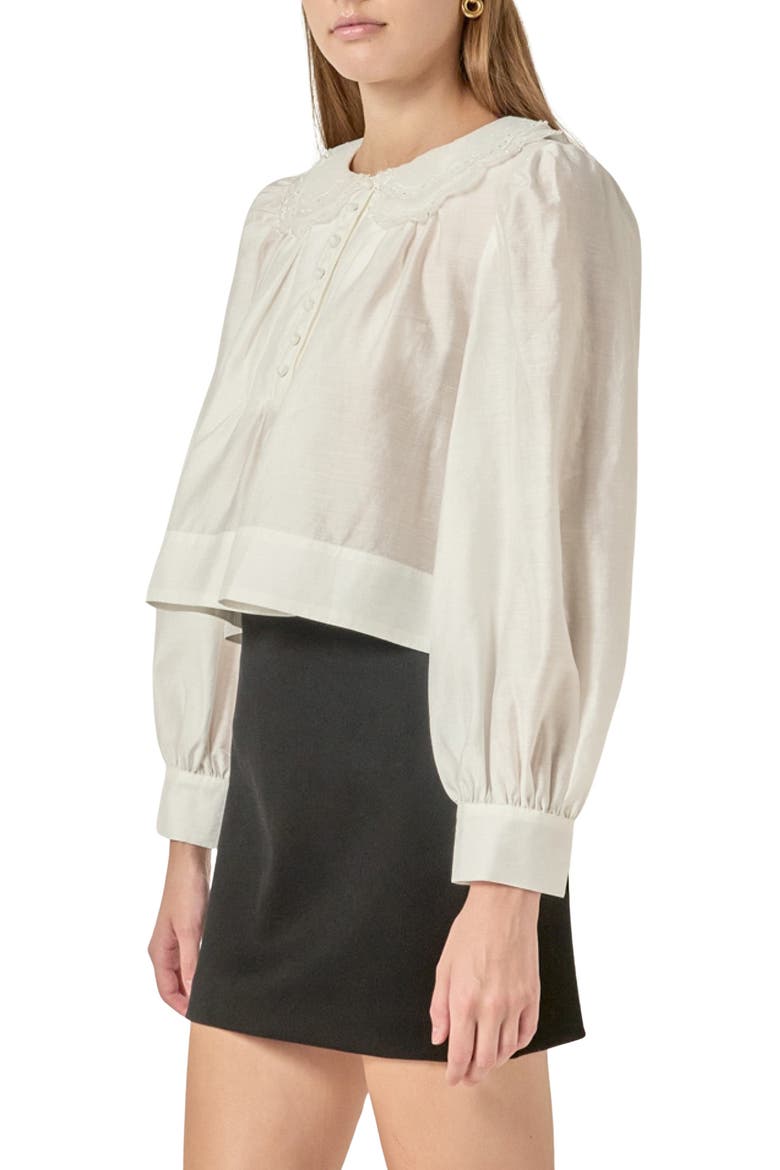 Lace Collar Shirred Puff Sleeve Top, Alternate, color, WHITE