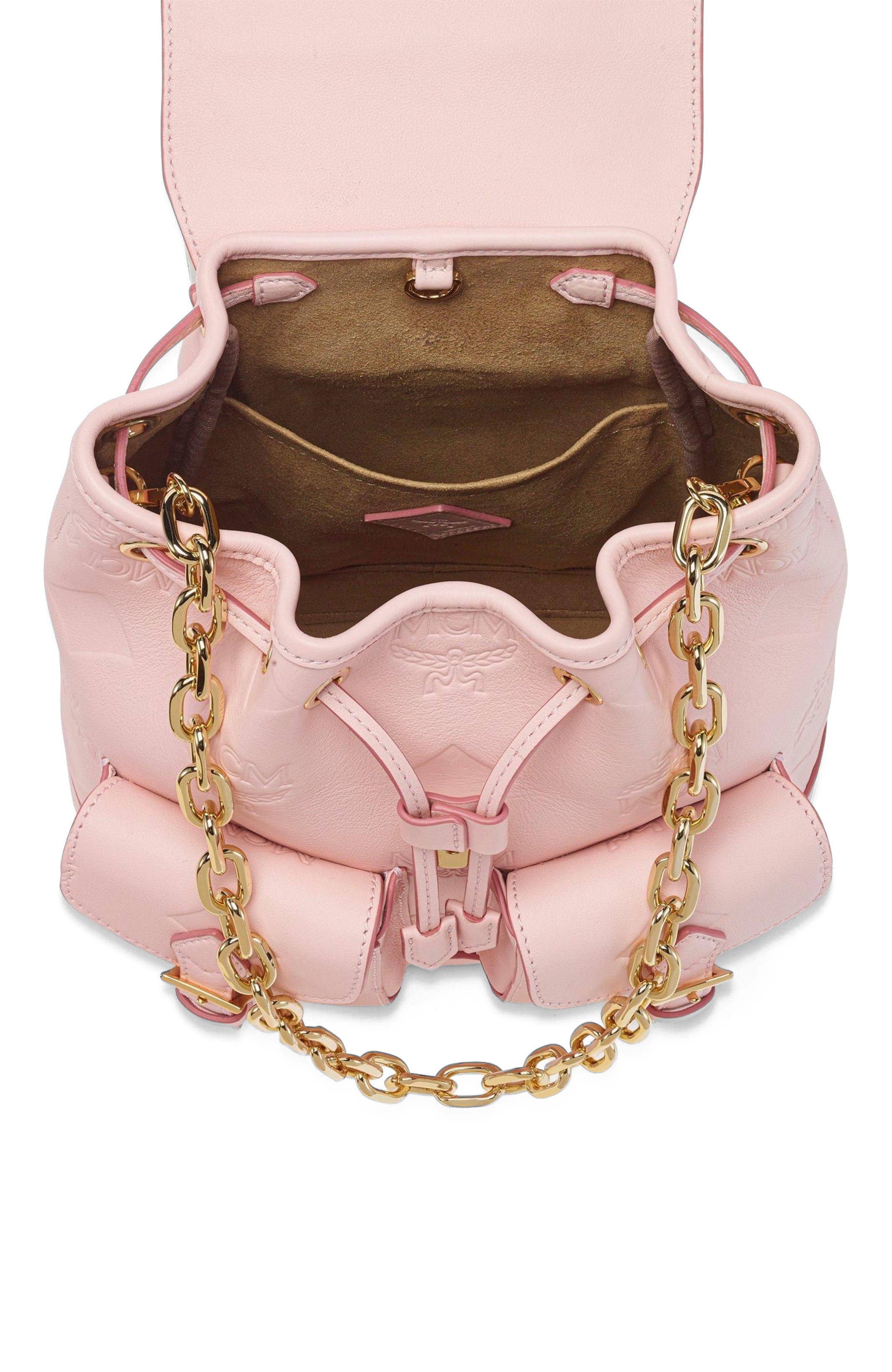 MCM Aren Drawstring Backpack in Maxi Monogram Leather, Alternate, color, Lotus Pink