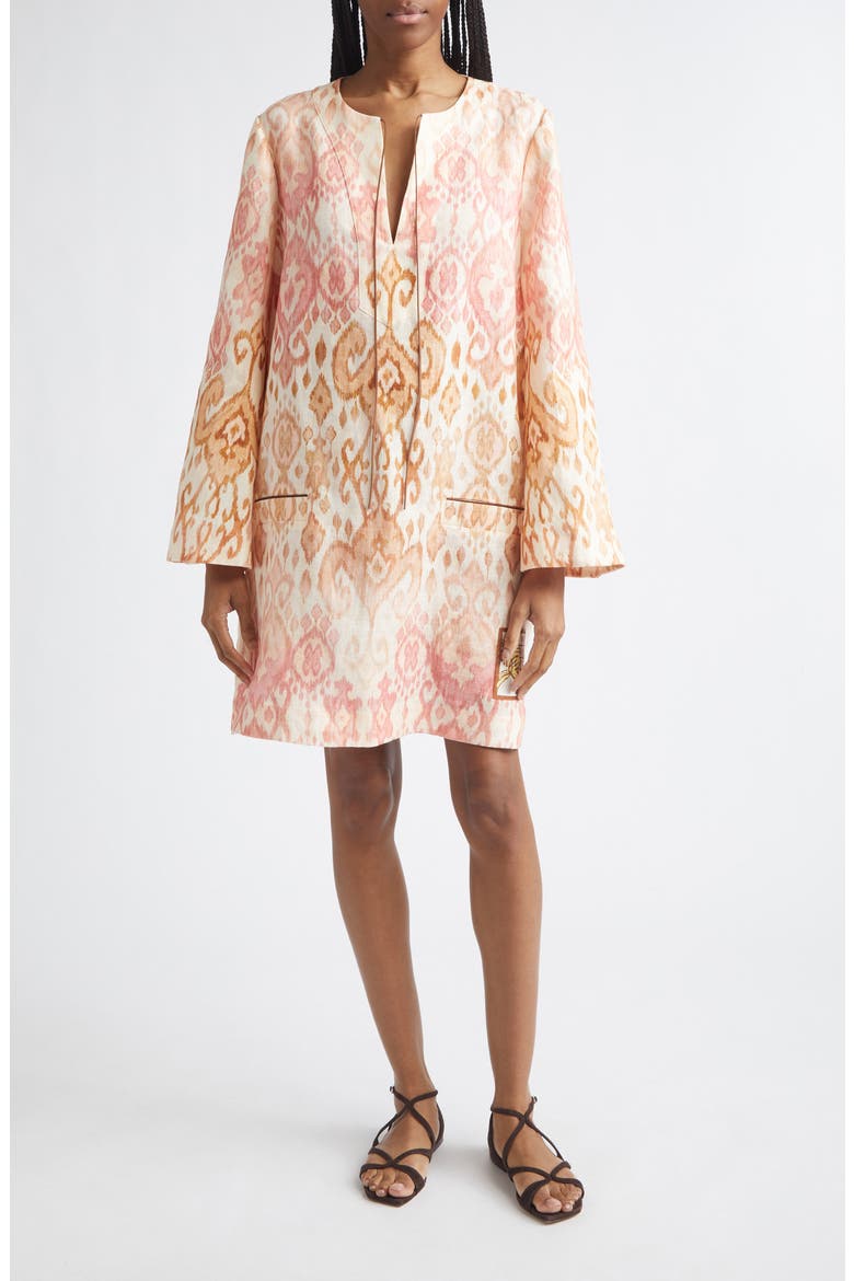 Aster Print Long Sleeve Linen Shift Dress, Main, color, PINK IKAT
