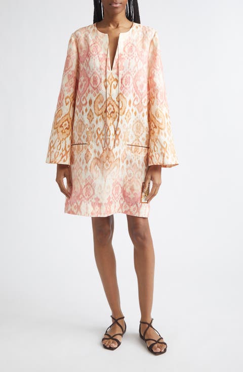 Aster Print Long Sleeve Linen Shift Dress (Regular & Petite)