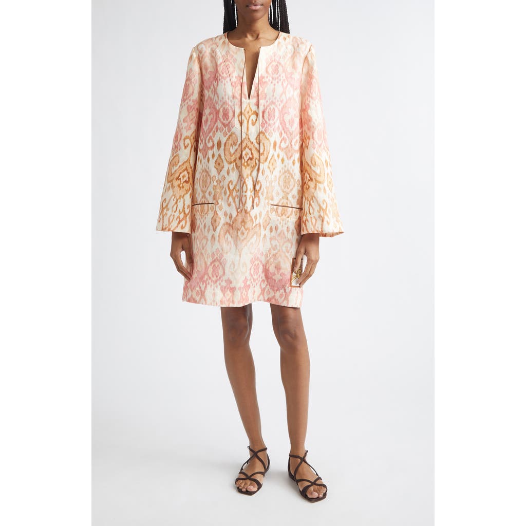 Zimmermann Aster Print Long Sleeve Linen Shift Dress in Pink Ikat at Nordstrom, Size 3