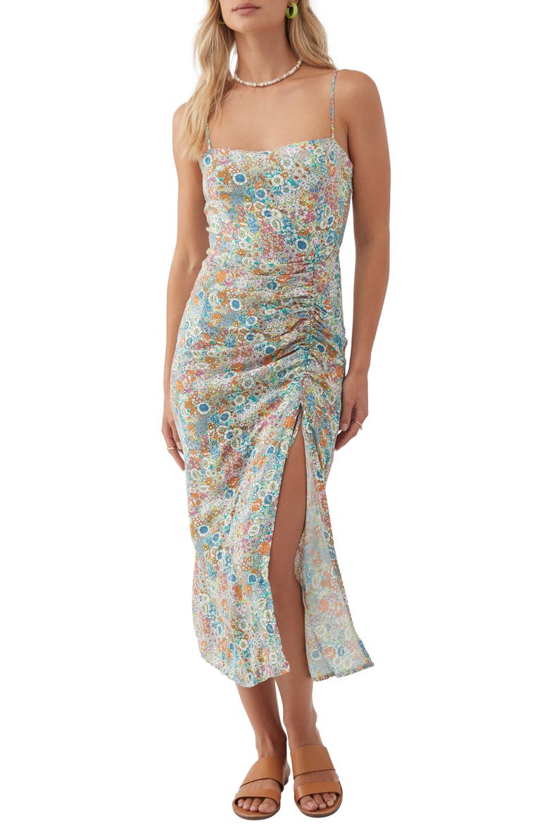Tavia Floral Ruched Midi Sundress, Main, color, BLUE MULTI