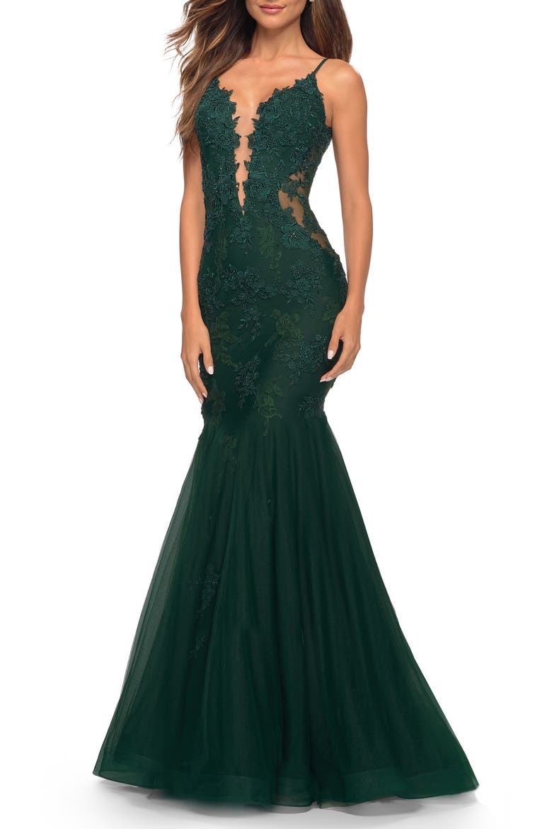Tulle and Lace Mermaid Gown in Jewel Tones, Main, color, Dark Emerald