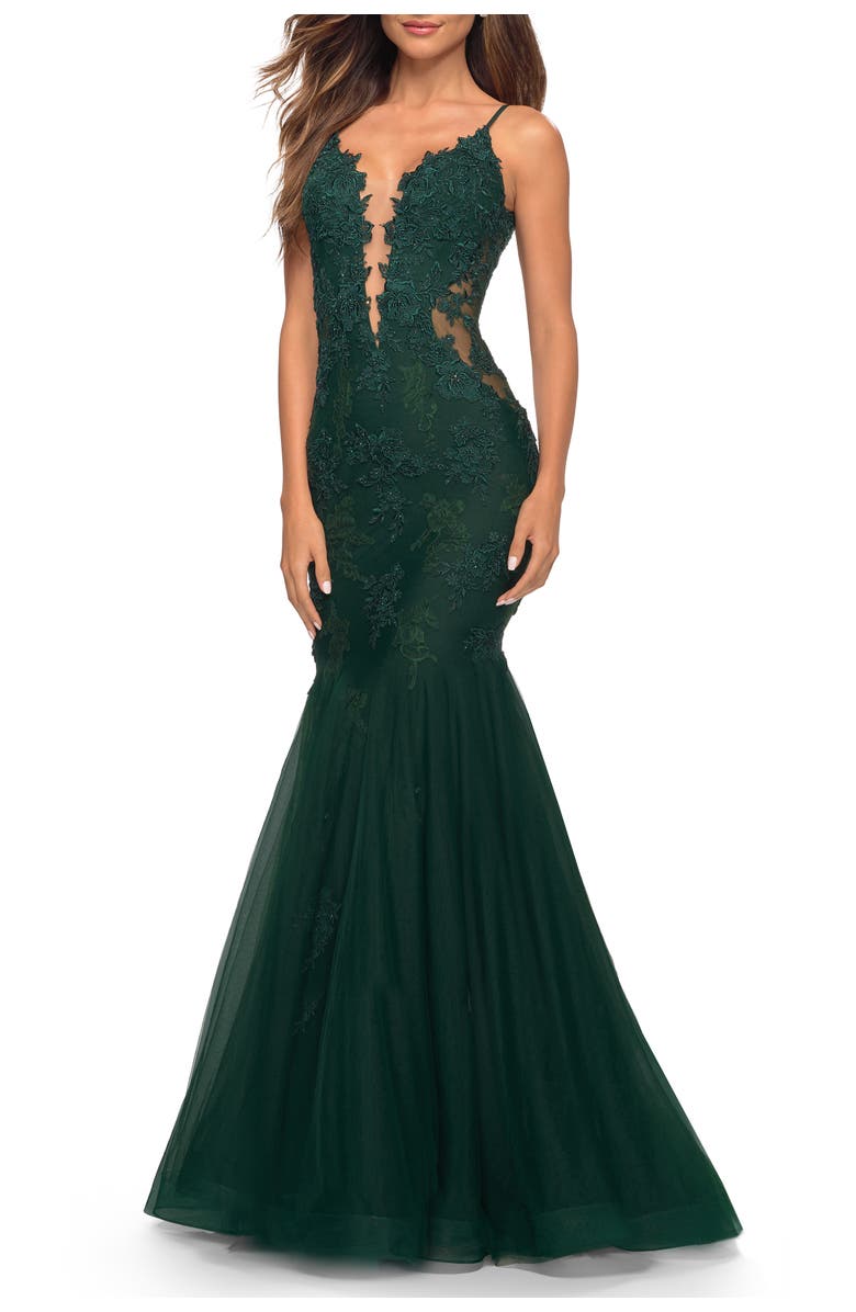 La Femme Tulle and Lace Mermaid Gown in Jewel Tones, Main, color, Dark Emerald