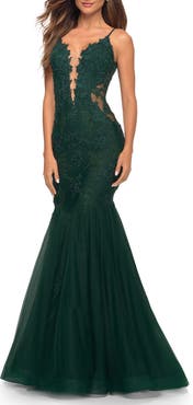 La Femme Tulle and Lace Mermaid Gown in Jewel Tones