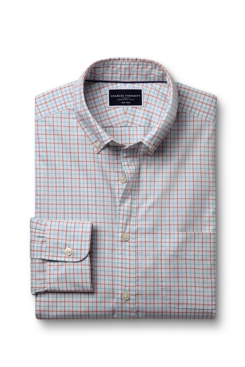 Slim Fit Button-Down Collar Non-Iron Stretch Poplin Check Shirt, Alternate, color, Coral Pink