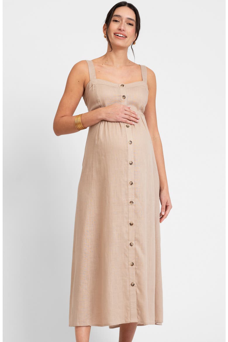 Button Front Maternity/Nursing Midi Sundress, Alternate, color, TAUPE