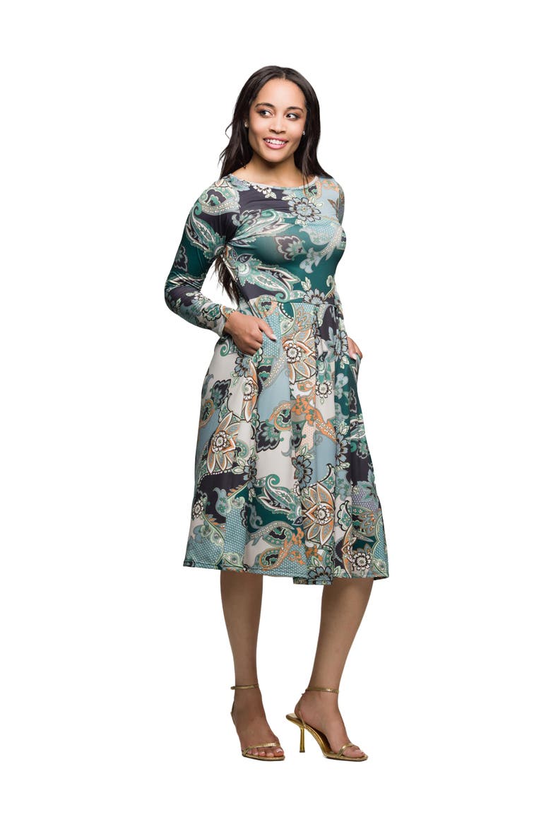 Long Sleeve Midi Dress in Paisley Floral Print, Alternate, color, Green Multi