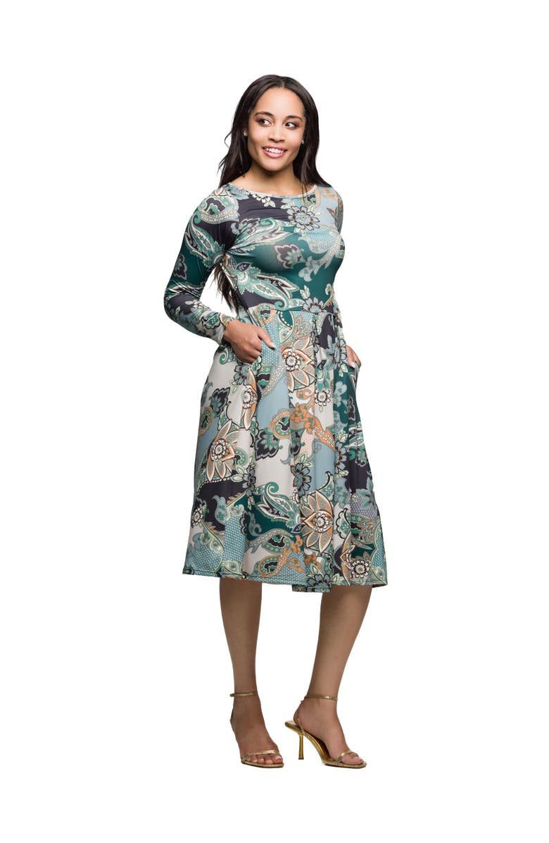 24seven Comfort Apparel Long Sleeve Midi Dress in Paisley Floral Print, Alternate, color, Green Multi