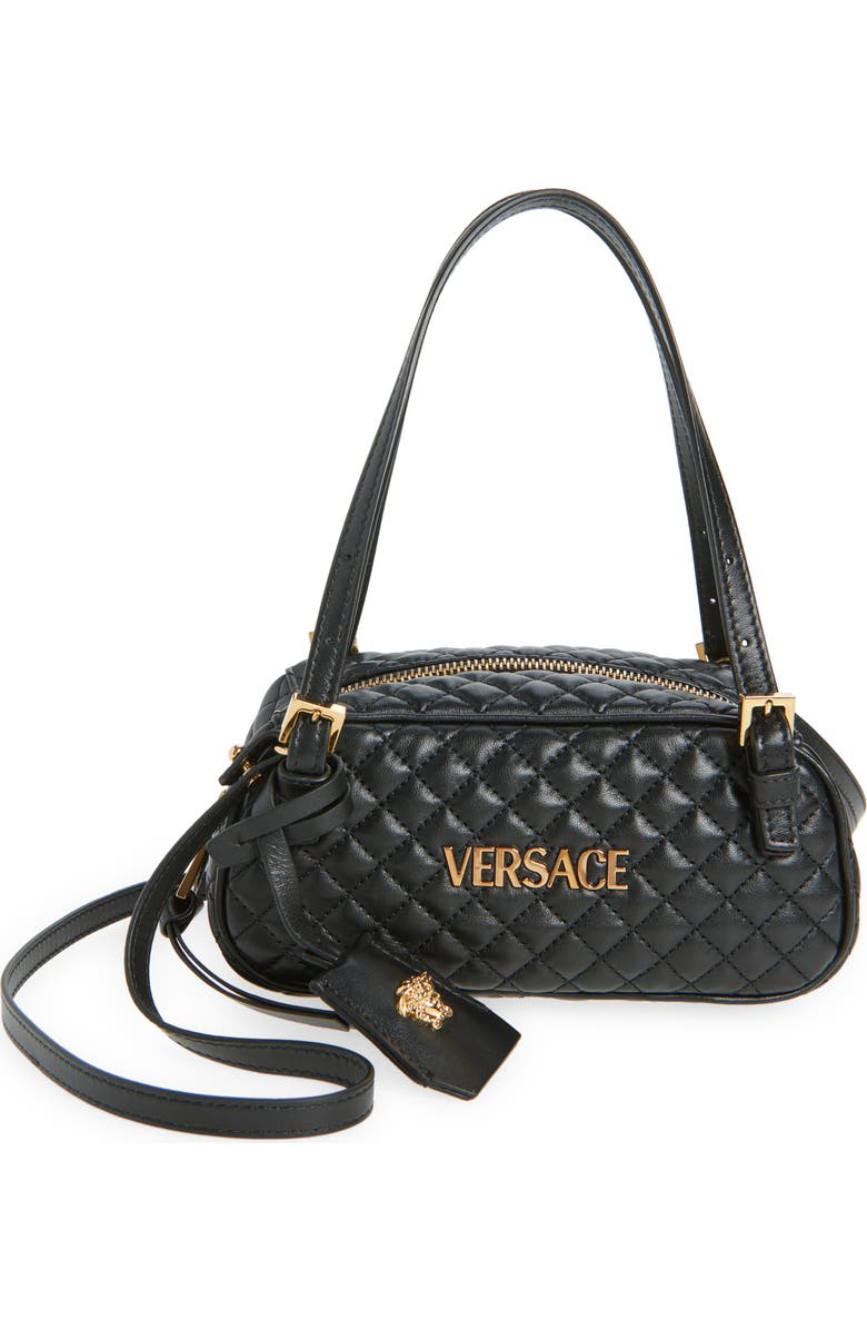 Versace Mini Tag Bowling Quilted Leather Shoulder Bag, Main, color, Black Versace Gold