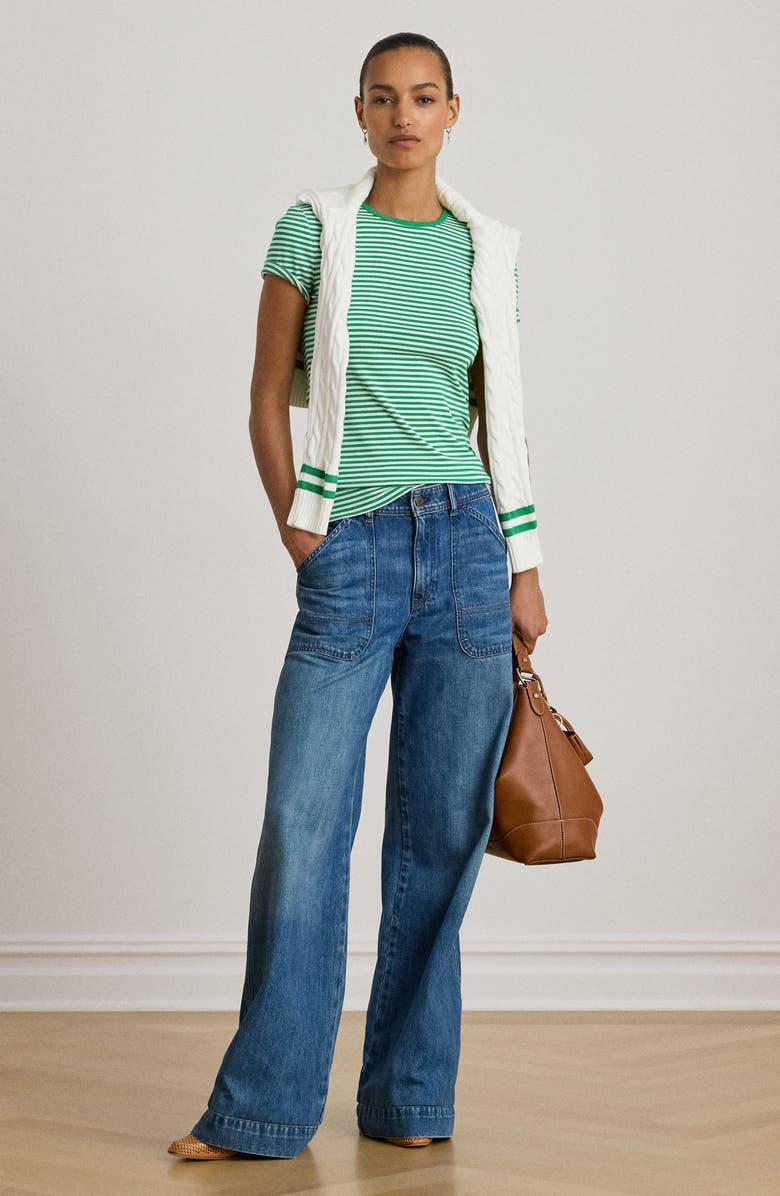 Lauren Ralph Lauren Stripe Cotton Ringer Neck T-Shirt, Alternate, color, Stem Green/ White