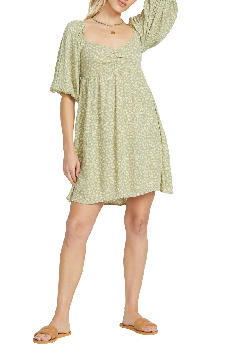 Billabong Ray of Sun Floral Puff Sleeve Dress, Main, color, Avocado