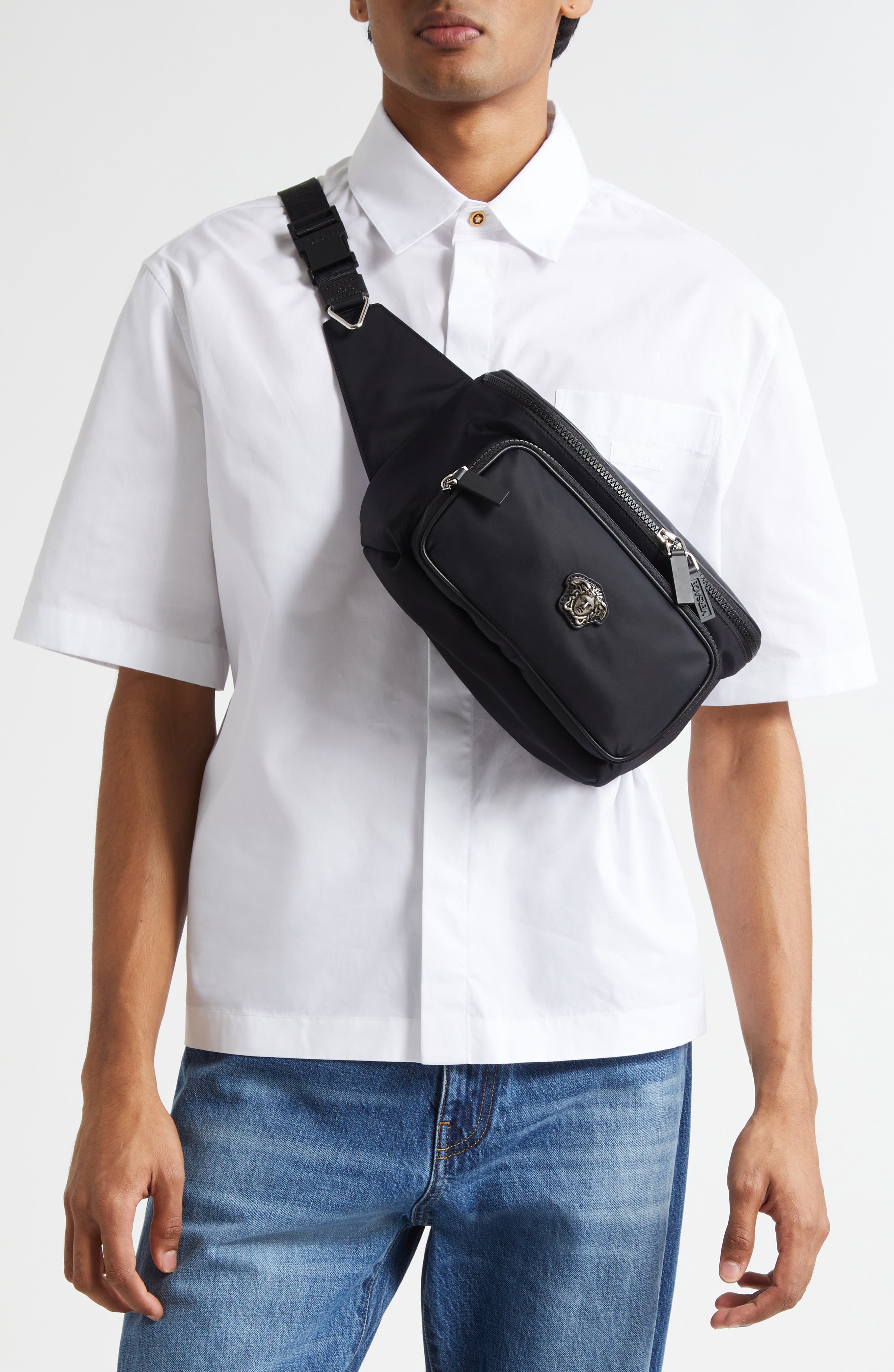 Versace La Medusa Nylon Belt Bag, Alternate, color, Black-Palladium