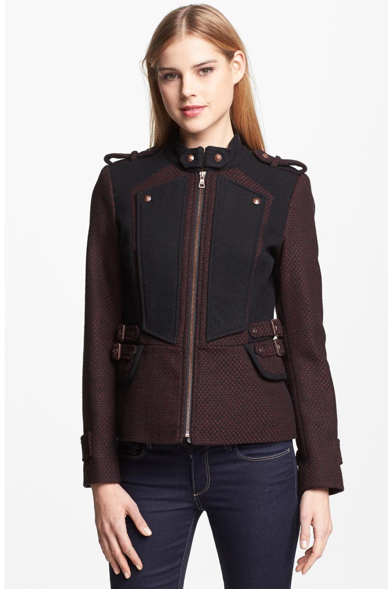 Zip Front Military Tweed Jacket, Alternate, color, WINE