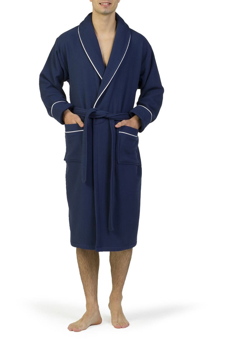 Hotel Collection Satin Piped Trim Waffle Terry Bathrobe, Alternate, color, NAVY