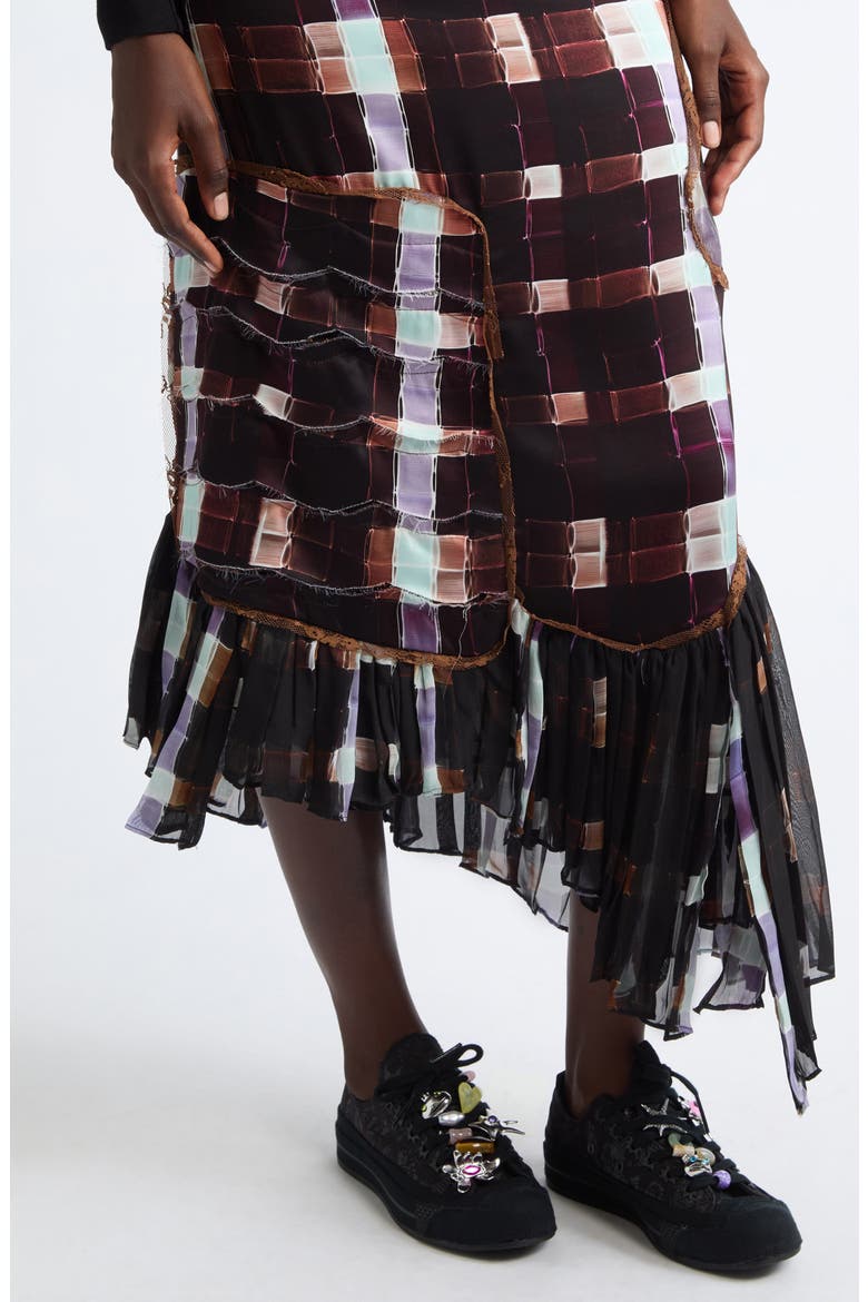 Lily Painted Plaid Asymmetric Satin Midi Skirt, Alternate, color, CHOCOLATE PAINTED PLAID