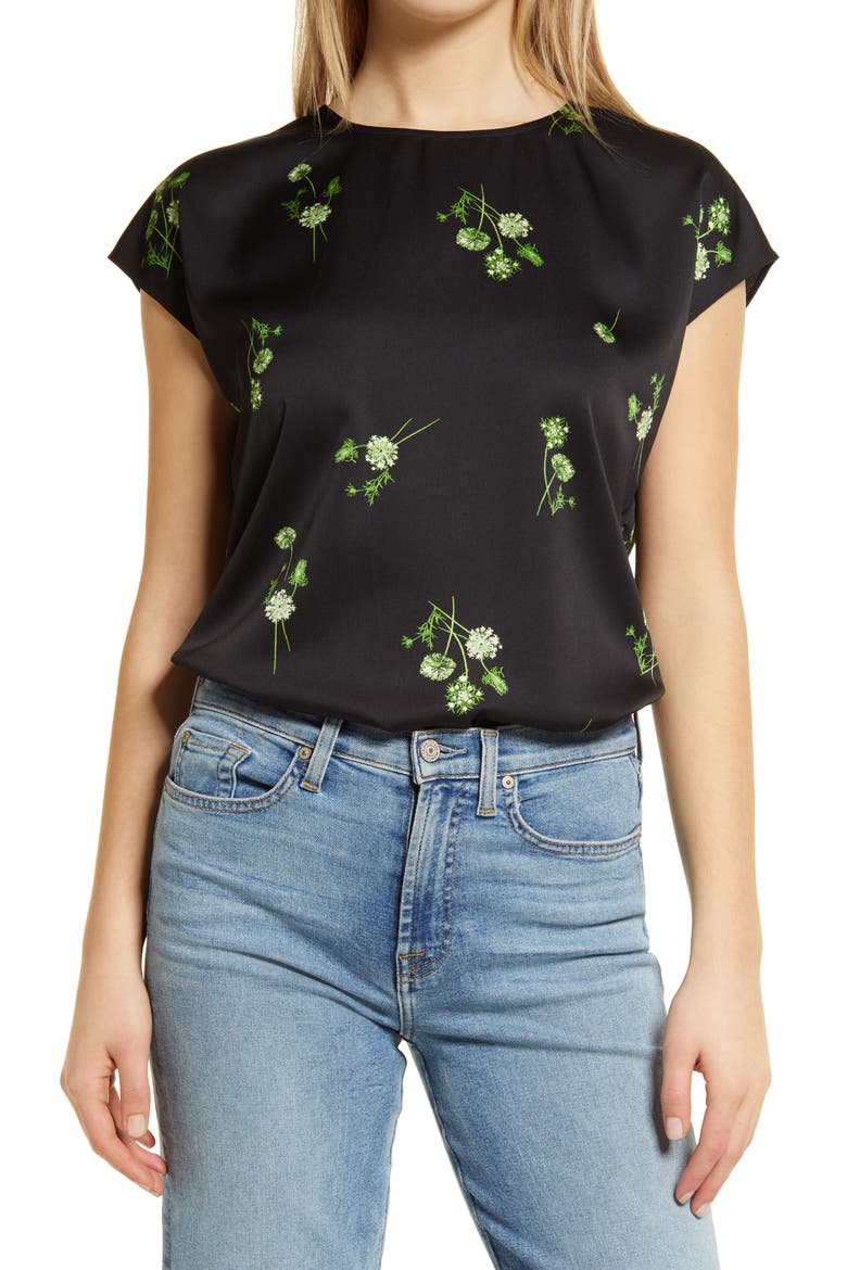 Cap Sleeve Satin Blouse, Main, color, BLACK FLORAL BUNCHES