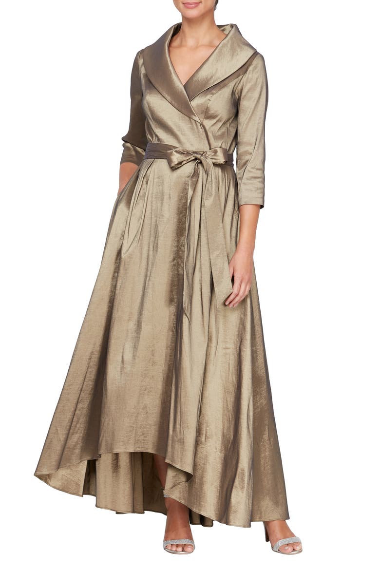 Portrait Collar Faux Wrap Gown, Main, color, BRONZE