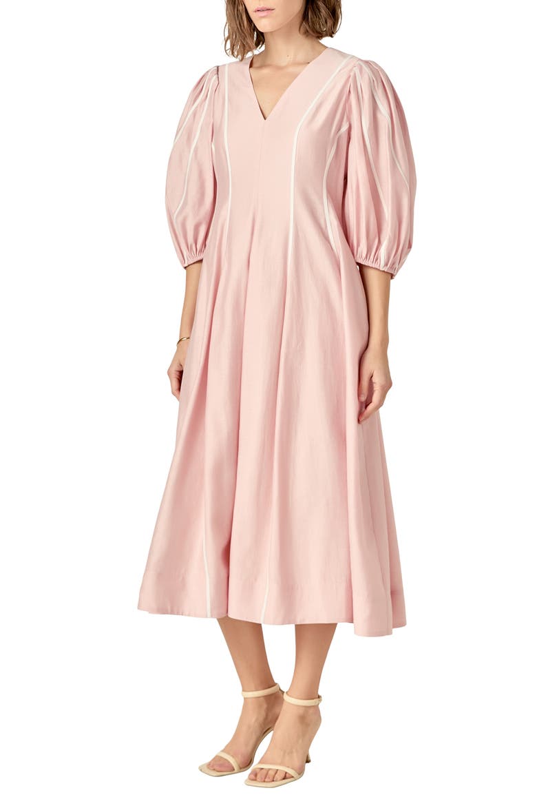 Contrast Binding Puff Shoulder Midi Dress, Alternate, color, PINK