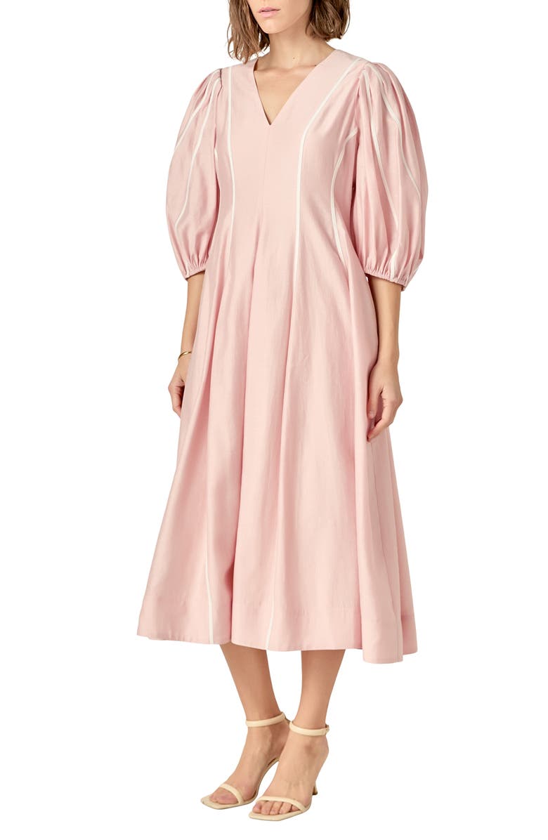 English Factory Contrast Binding Puff Shoulder Midi Dress, Alternate, color, Pink