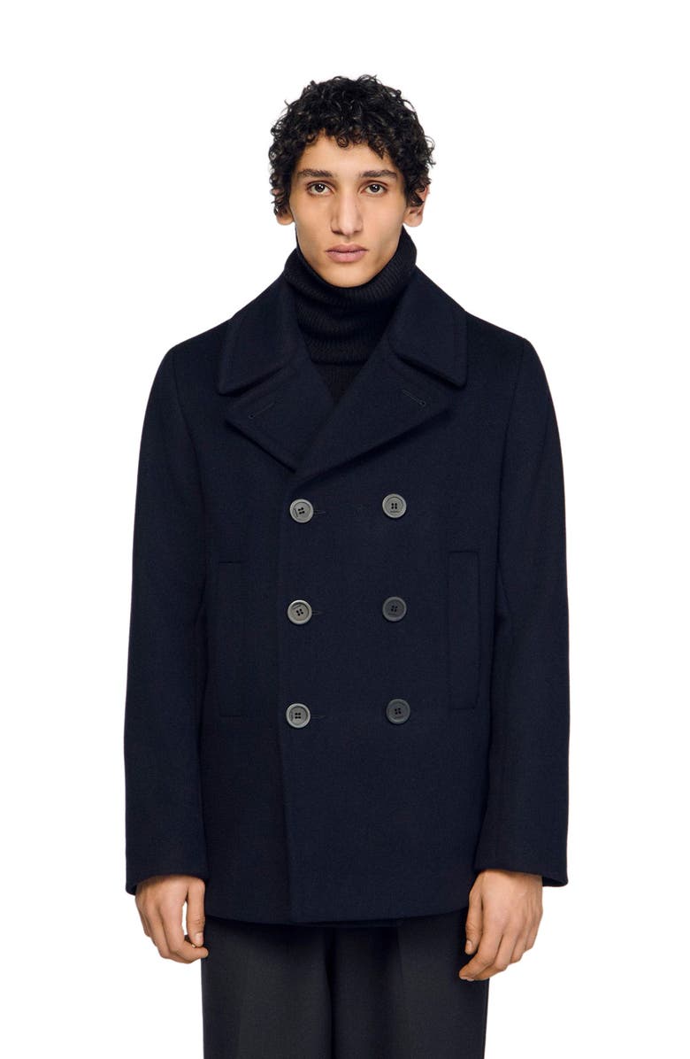 SANDRO Straight-fit wool-blend coat, Alternate, color, Navy Blue