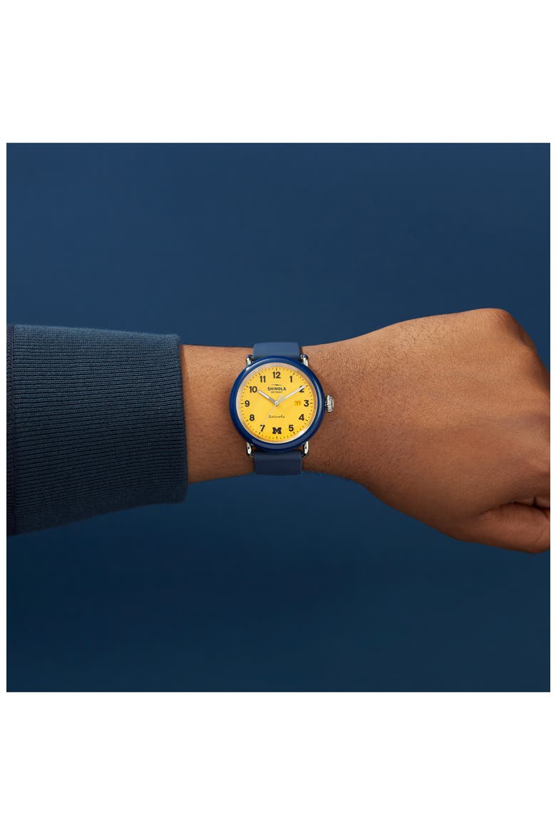 Detrola The Wolverine Silicone Strap Watch, 43mm, Alternate, color, MIDNIGHT BLUE/ MAIZE/ SILVER