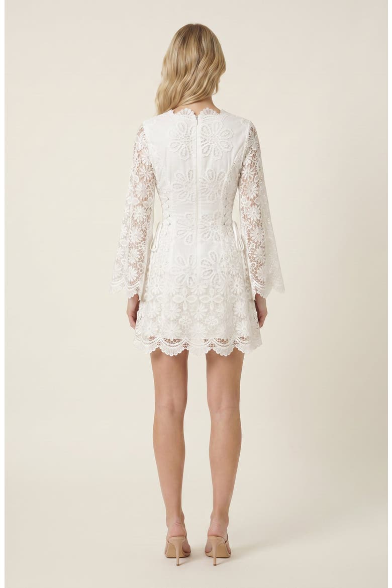 Floral Applique Long Sheer Sleeve Lace-Up Mini Dress, Alternate, color, White