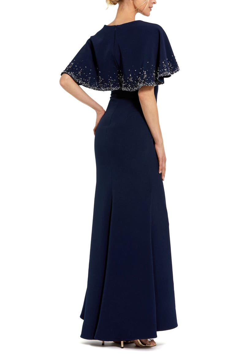 Crepe High Neck Fitted Gown With Beaded Shawl, Alternate, color, Midnight