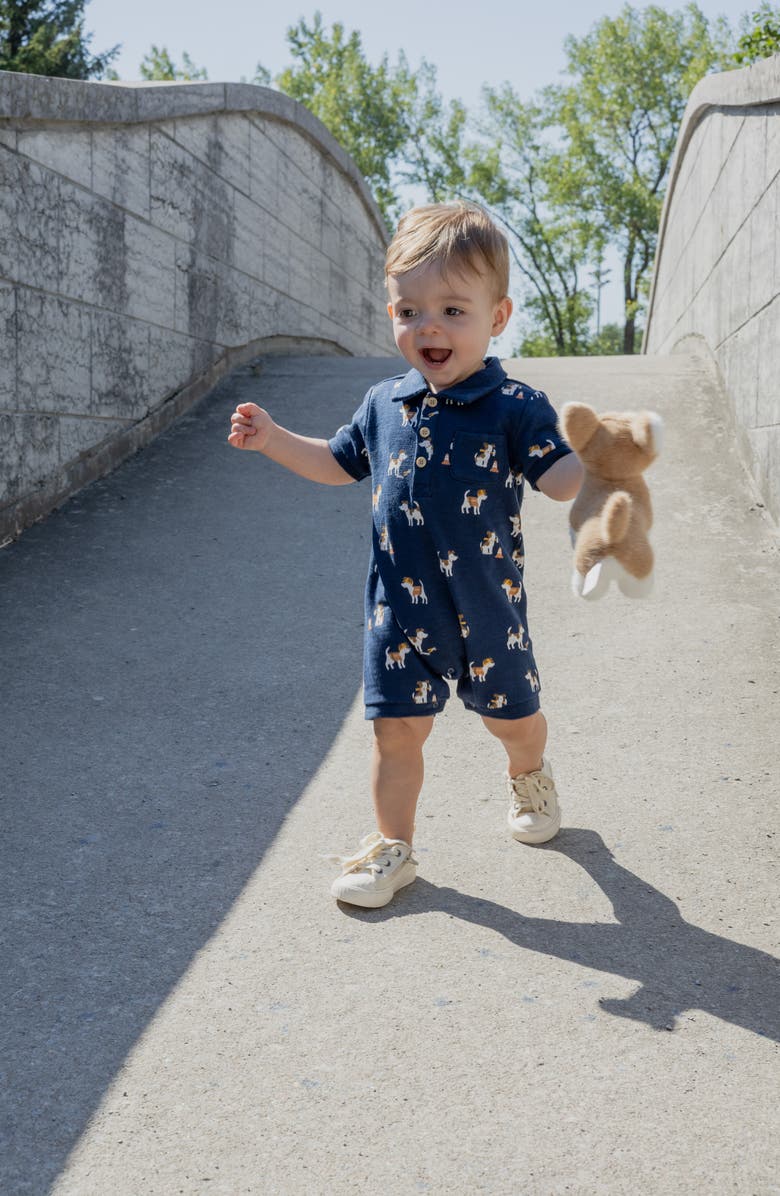 Petit Lem Pups At Work Organic Cotton Polo Romper, Alternate, color, Navy