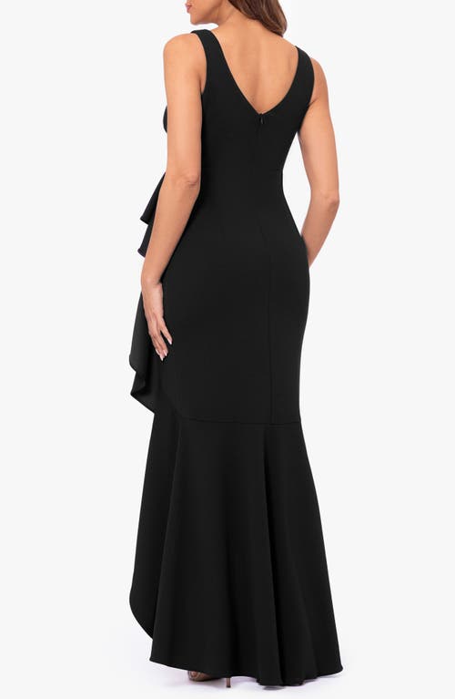 BETSY & ADAM BETSY & ADAM V-NECK CASCADE RUFFLE HIGH-LOW GOWN