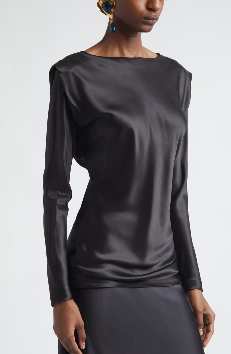 Saint Laurent Fluid Silk Satin Top, Alternate, color, Noir