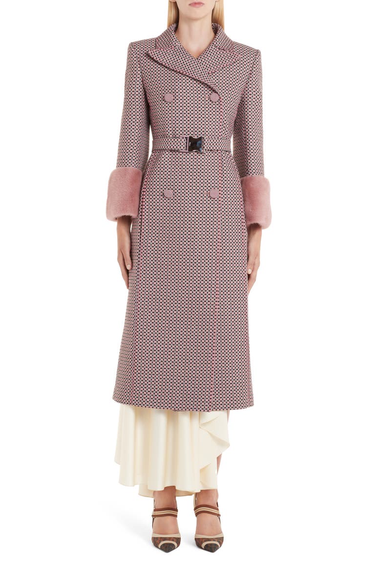 Romantic Tiles Double Breasted Coat with Genuine Mink Fur Cuffs, Main, color, ARUBA PINK