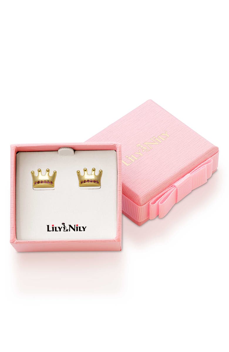 Lily Nily Kids' Pavé Cubic Zirconia Crown Stud Earrings, Alternate, color, Pink